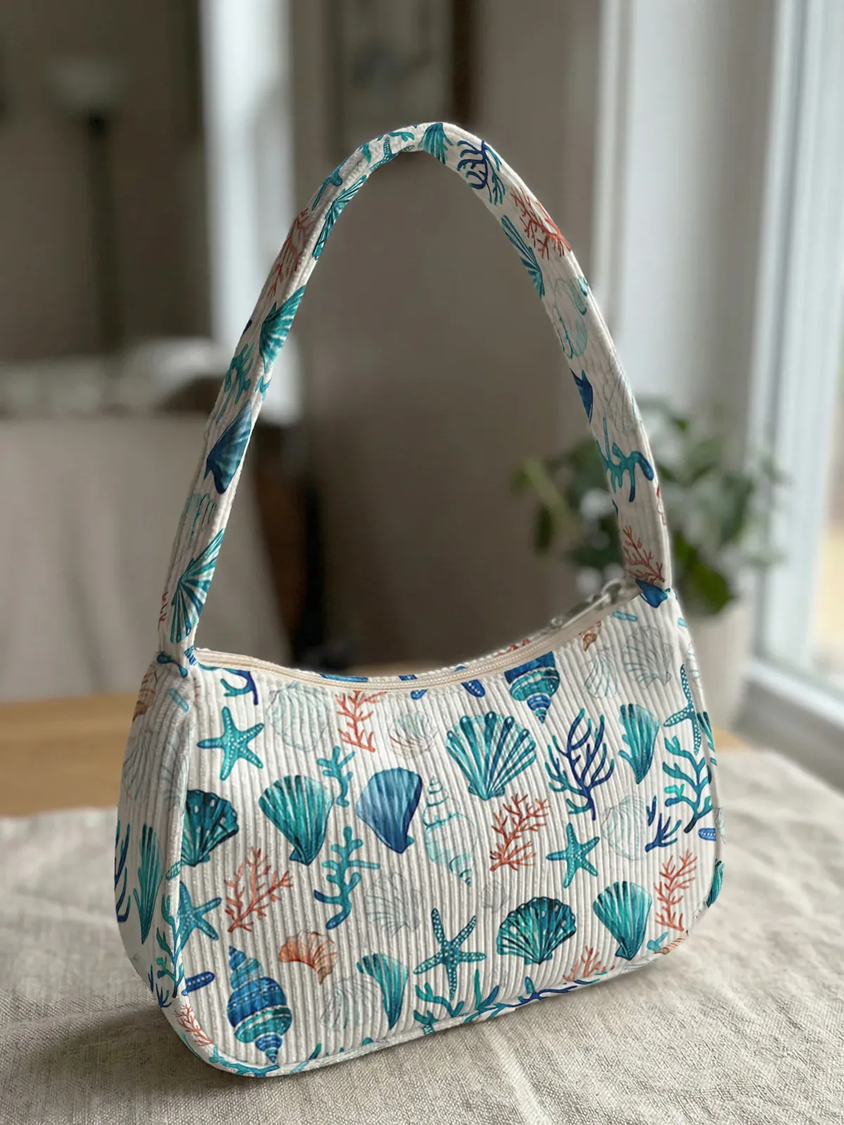 sac à bandoulière tendance à imprimé océan, sac sous le bras en velours côtelé pour un usage quotidien décontracté