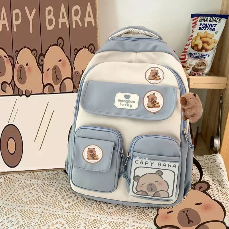 sac dos nylon beige accents marron blanc motifs ours poches multiples étudiant voyage décontracté