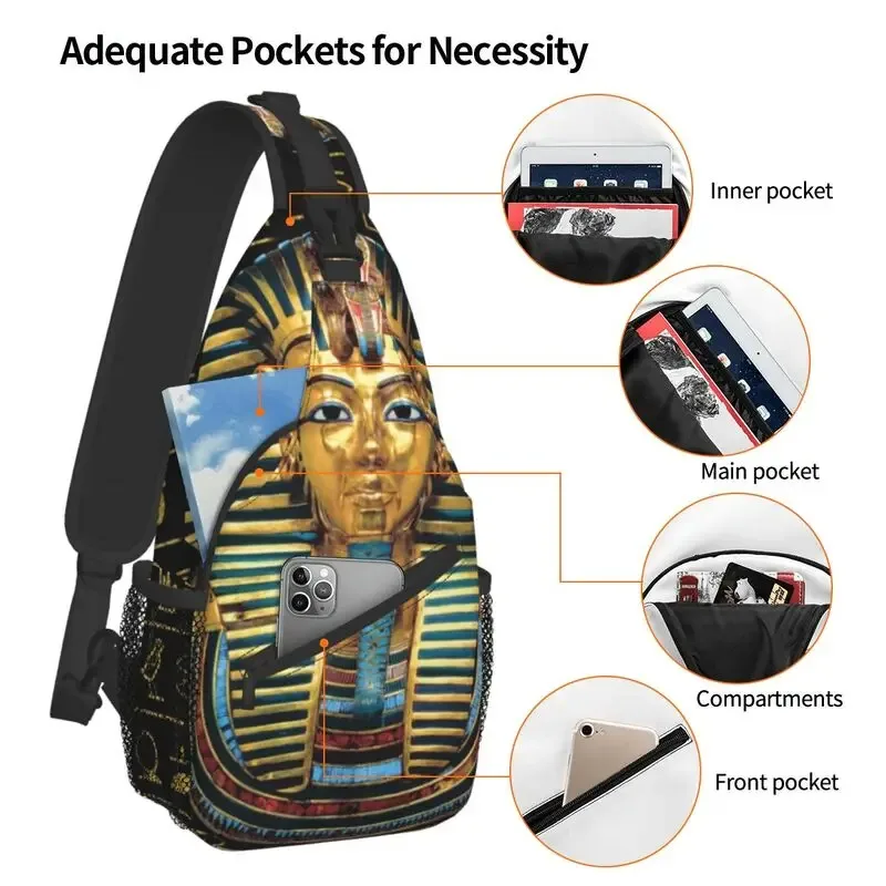 cool prairie gold pharaoh egyptian king tut sling crossbody sac à dos pour homme, hiéroglyphique égyptien initié, sacs de poitrine pour la randonnée
