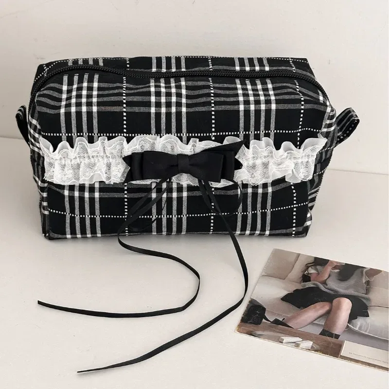 sac de maquillage à carreaux noir et blanc, doux et décontracté, pour écolière, dentelle, style coréen ins, grand étui à cosmétiques, organisateur de voyage mignon