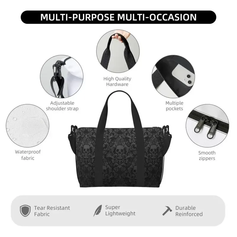 sac de voyage gothique noir imprimé damassé, sacs de week-end polyvalents unisexe décontracté étanche, sac de sport et de yoga