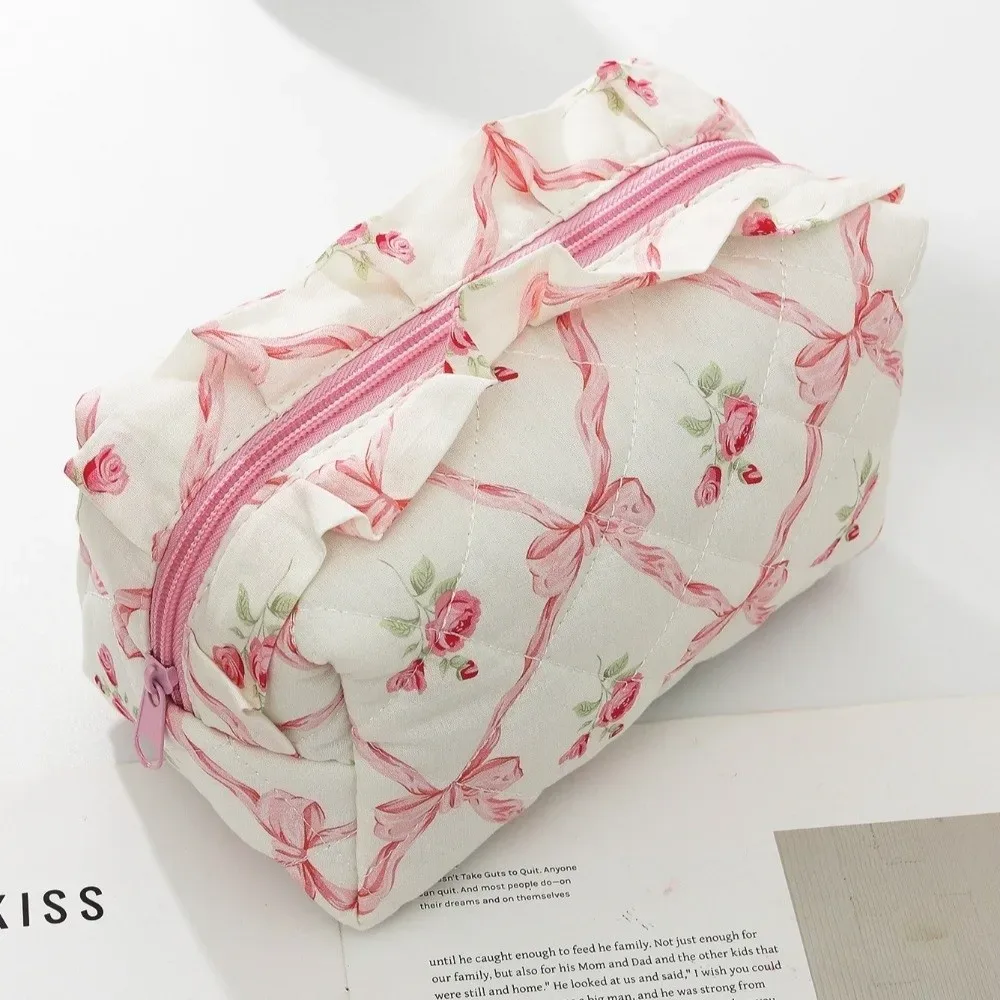 pochette de maquillage matelassée à bords volantés portable, avec nœud, grande capacité, sac de rangement cosmétique, imprimé floral, trousse à crayons