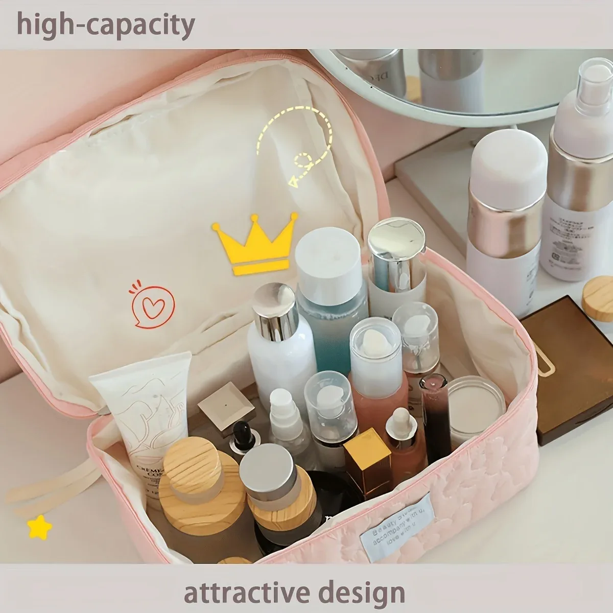 Trousse de toilette tendance en tissu doux, grande capacité, couleur bonbon, sac de rangement mignon, trousse de toilette portable de voyage à motif floral pour femme