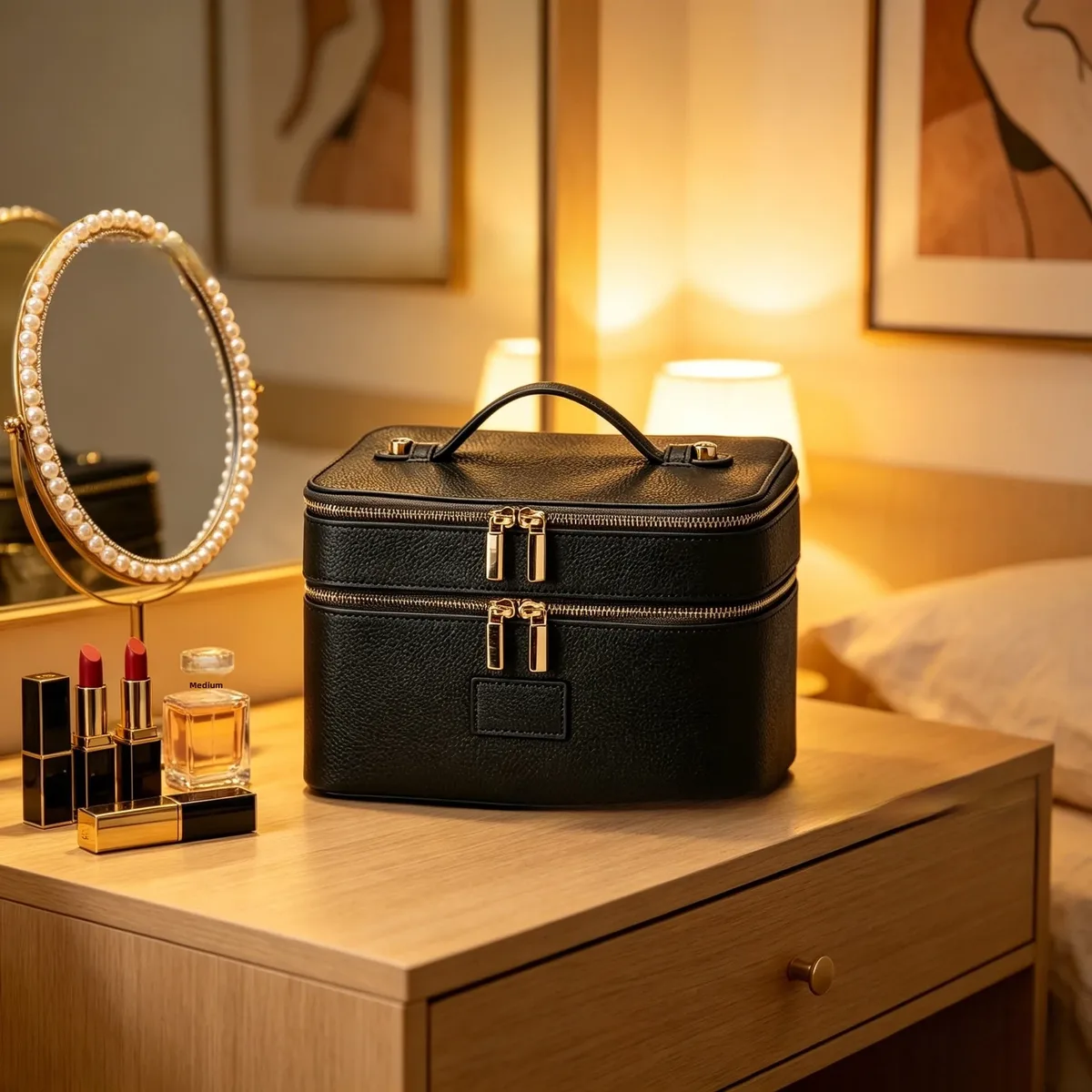 nouvelle trousse de maquillage double couche en cuir pu imperméable grande capacité haut de gamme, sac de voyage et de rangement pour cosmétiques