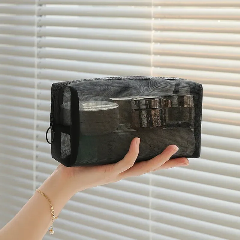 sac de maquillage en maille transparente, petit et grand, noir, sac de maquillage portable, sac de rangement pour toilette de voyage, sac de rangement pour rouge à lèvres