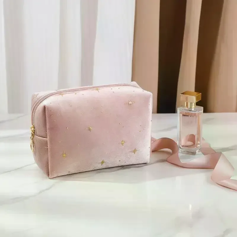 pochette à cosmétiques spacieuse en velours, sac de toilette de voyage avec motif étoile, trousse de maquillage portable pour rouge à lèvres