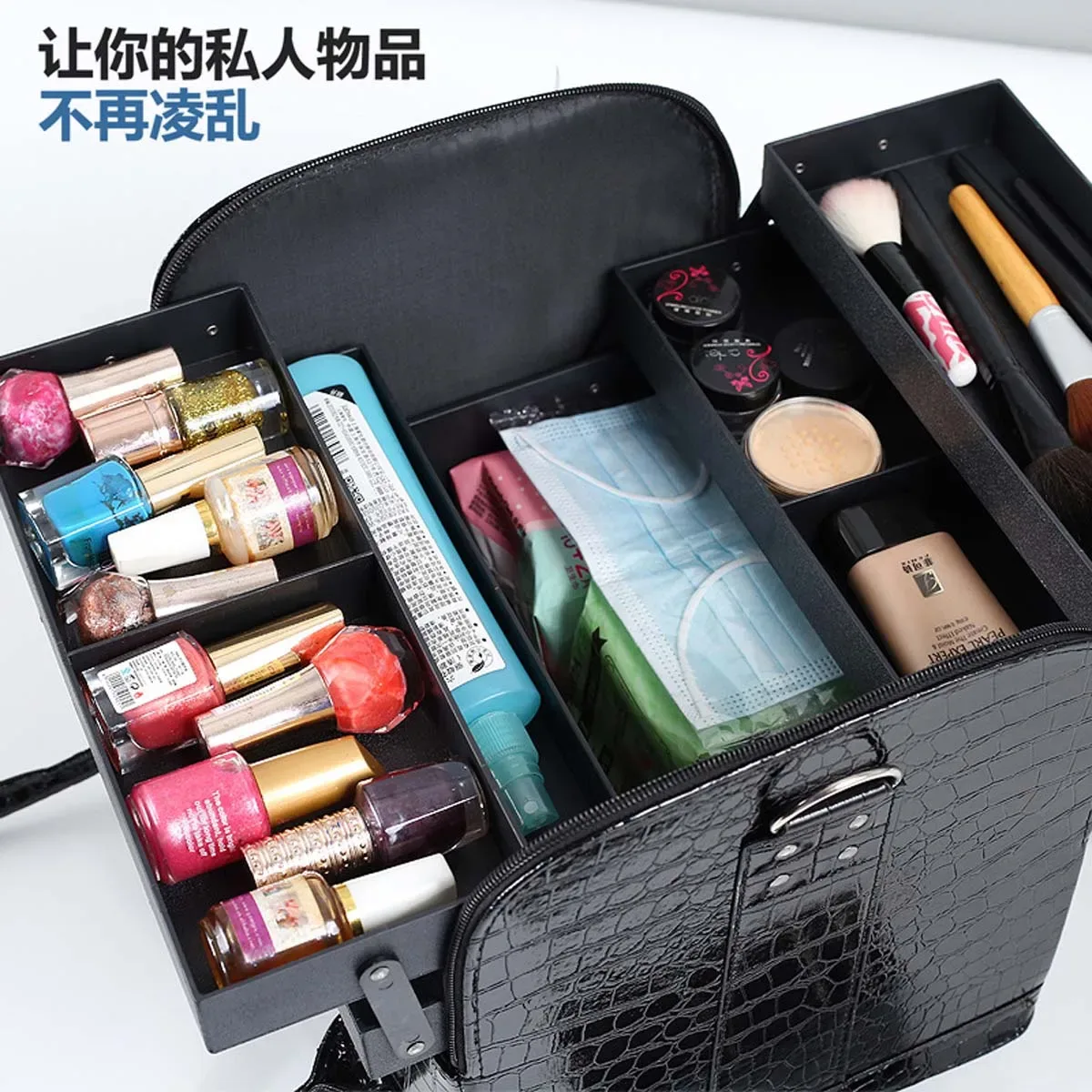 trousse de maquillage en pu imprimé crocodile grande capacité, boîte à outils portable multi-niveaux pour maquillage et tatouage, design sophistiqué