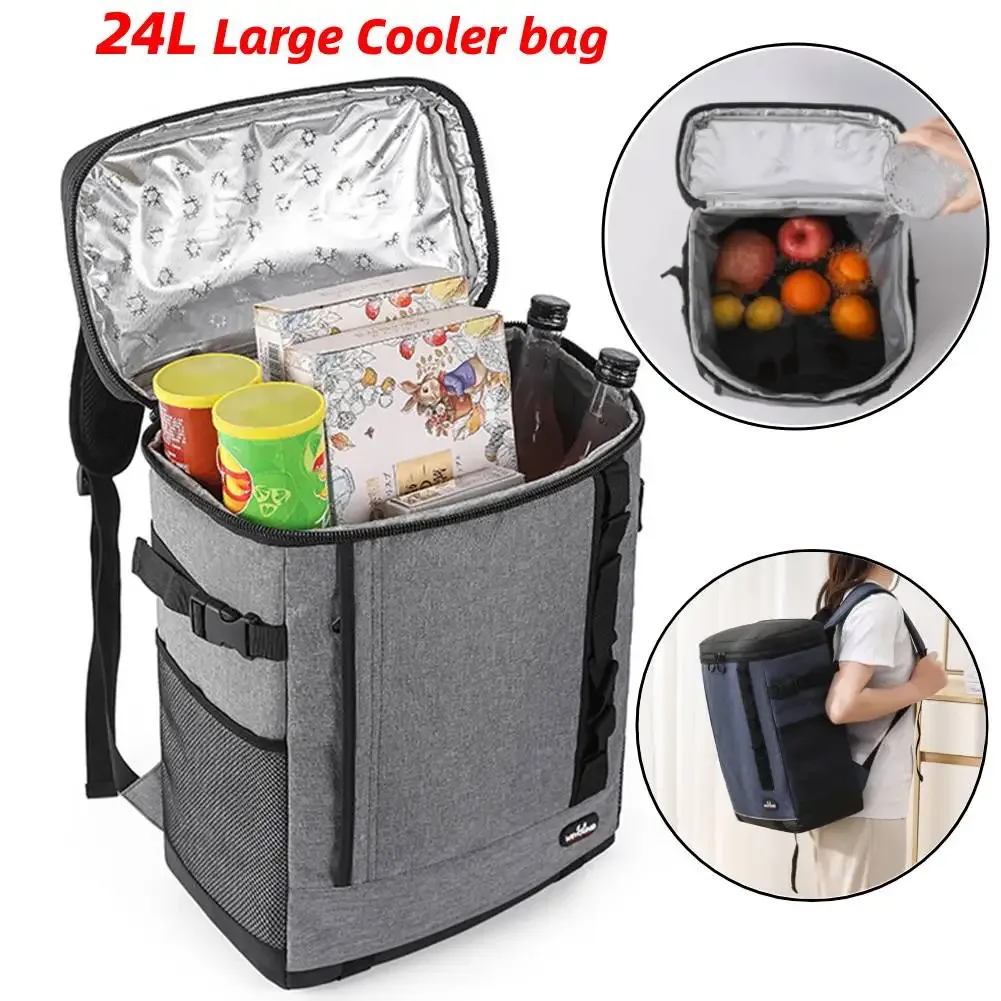 Grand sac à dos isotherme pour pique-nique, sac isotherme thermique, sac à bière de plage, sac à fermeture éclair, sacs à bento à clics de camping, 24L