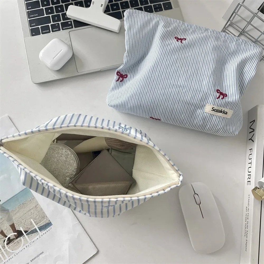 sac de maquillage brodé à carreaux rayés, sac à cosmétiques pour femmes, organisateur de voyage de maquillage à fermeture éclair portable, pochette de rangement de toilette féminine