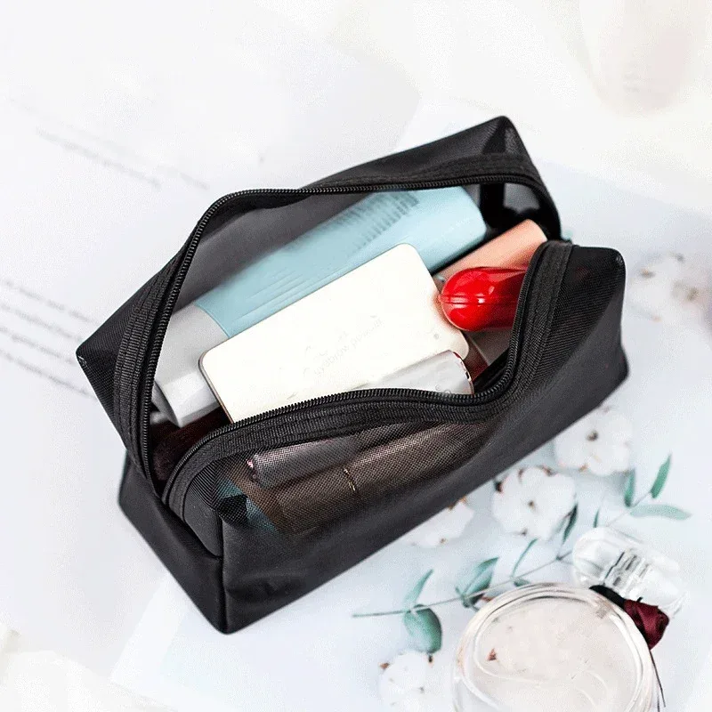 sac à cosmétiques transparent en maille portable, étui de maquillage pour femmes, organisateur de maquillage à fermeture éclair de voyage, sac de rangement de toilette et de beauté, pochette