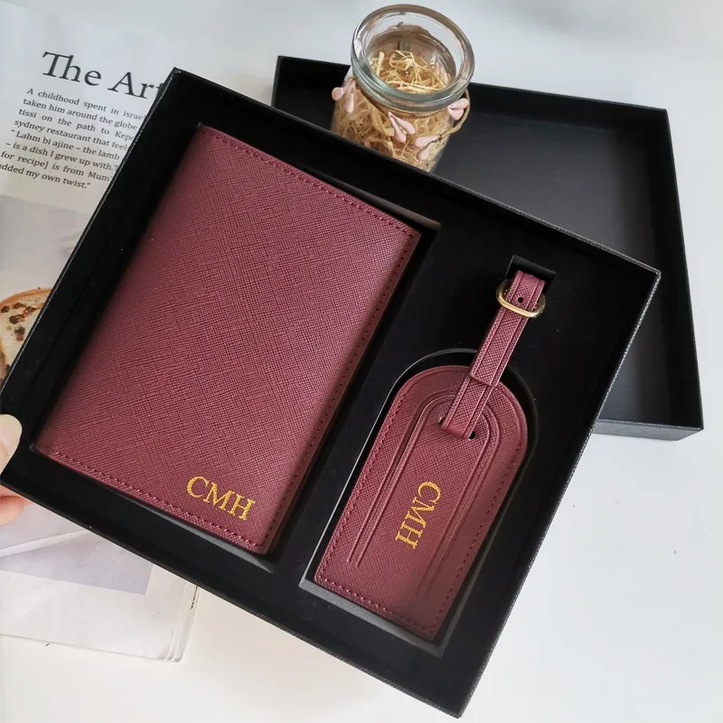 saffiano – paire de porte-billet de voyage minimaliste, porte-passeport multifonctionnel en cuir pu, étiquette de bagage, coffret cadeau