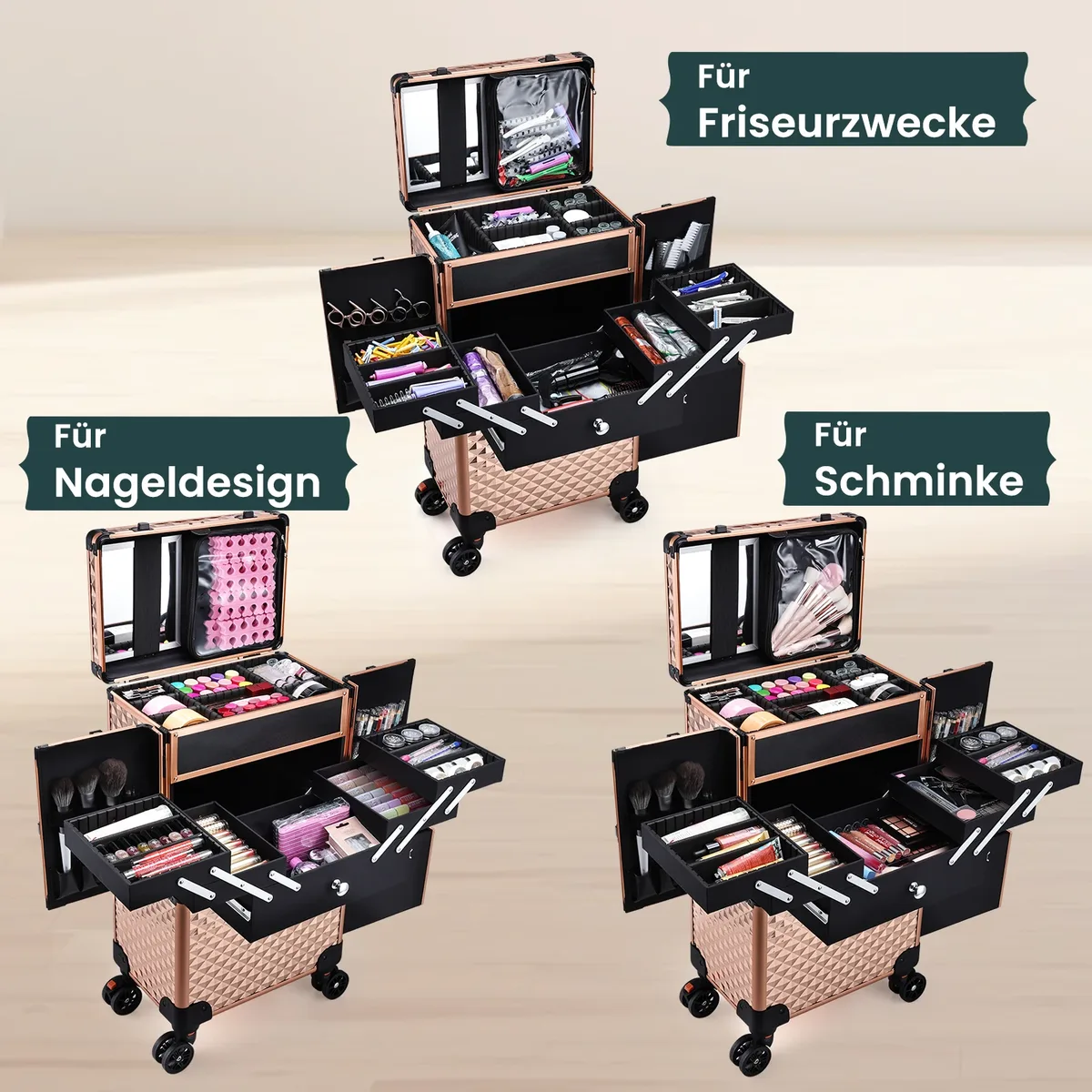trolley de maquillage professionnel à roulettes avec grand tiroir profond et 4 plateaux, chariot de maquillage roulant, valise pour tatoueurs, barbiers et ongleries, station de maquillage, valise de cosmétologie à roulettes, table de manucure roulante