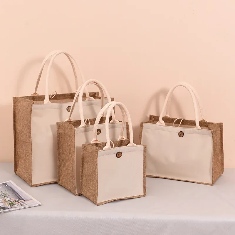 sac fourre-tout en toile de jute avec bouton pour femme, sac à main cadeau de grande capacité, respectueux de l'environnement, sac à provisions réutilisable, sac en chanvre