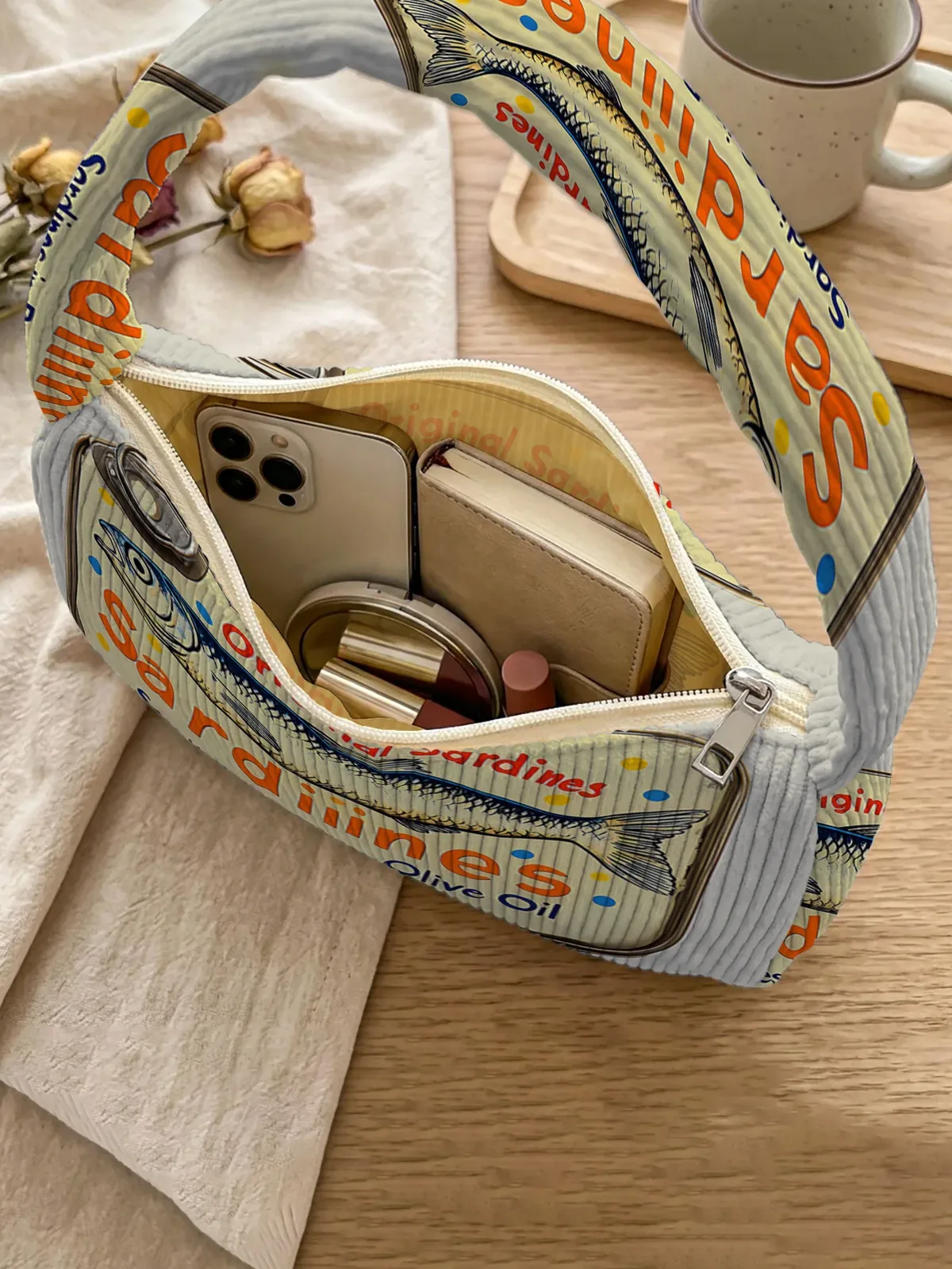sac à bandoulière tendance imprimé sardine, sac sous le bras en velours côtelé pour un usage quotidien décontracté