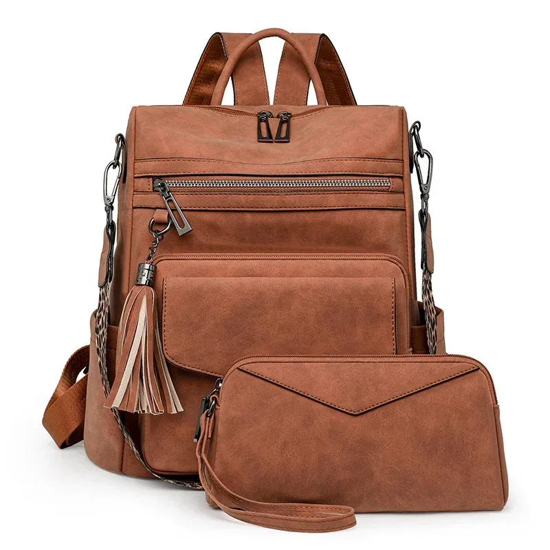 sac à dos en cuir pu pour femmes, imperméable, antivol, grand sac à dos de voyage rétro pour collège, sac à bandoulière avec pompon, 2025