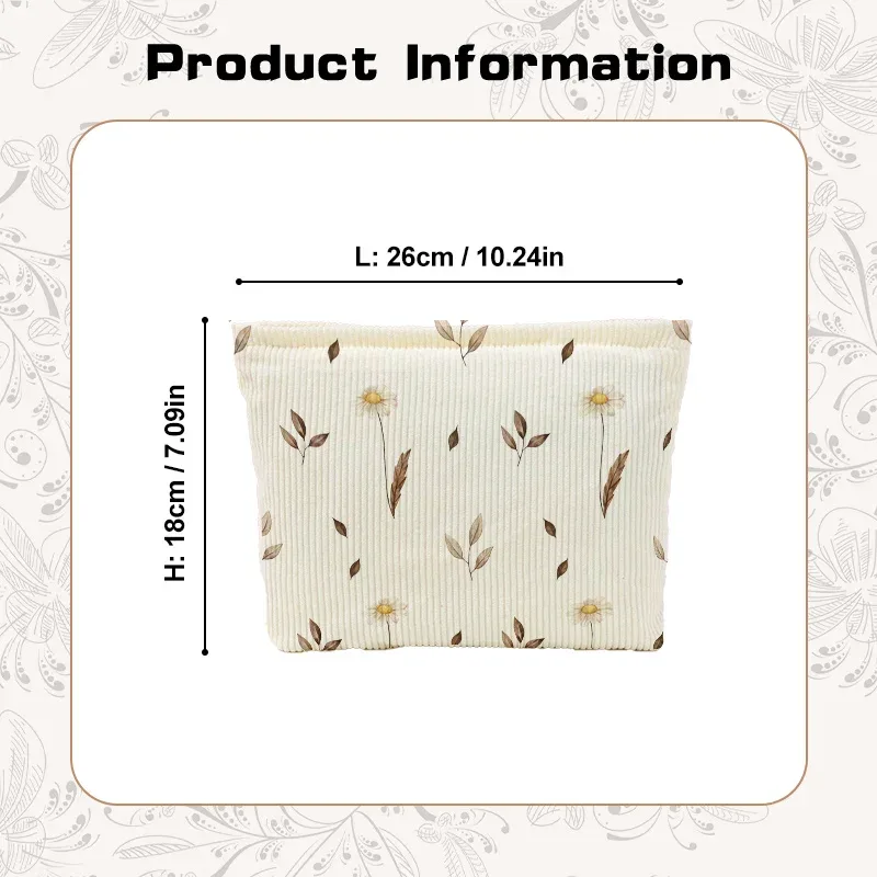 grande trousse de maquillage en velours côtelé, pochette cosmétique esthétique à imprimé feuilles d'automne et marguerites, organiseur de voyage doux avec fermeture éclair pour femmes