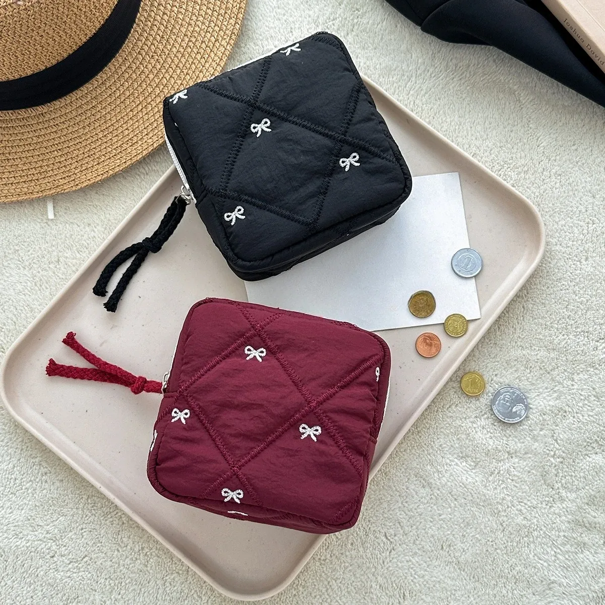 petite trousse de maquillage carrée coréenne, petite trousse à fermeture éclair pour écouteurs, portefeuille portable pour fille, sacs de rangement pour rouge à lèvres, pochette pour serviettes hygiéniques