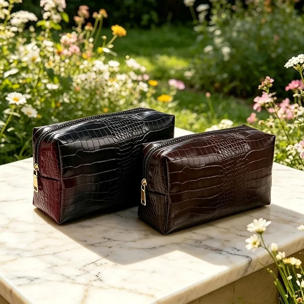 sac à maquillage en cuir pu, motif crocodile gaufré, pochette cosmétique imperméable, fermeture à glissière, grande capacité, pochette de rangement