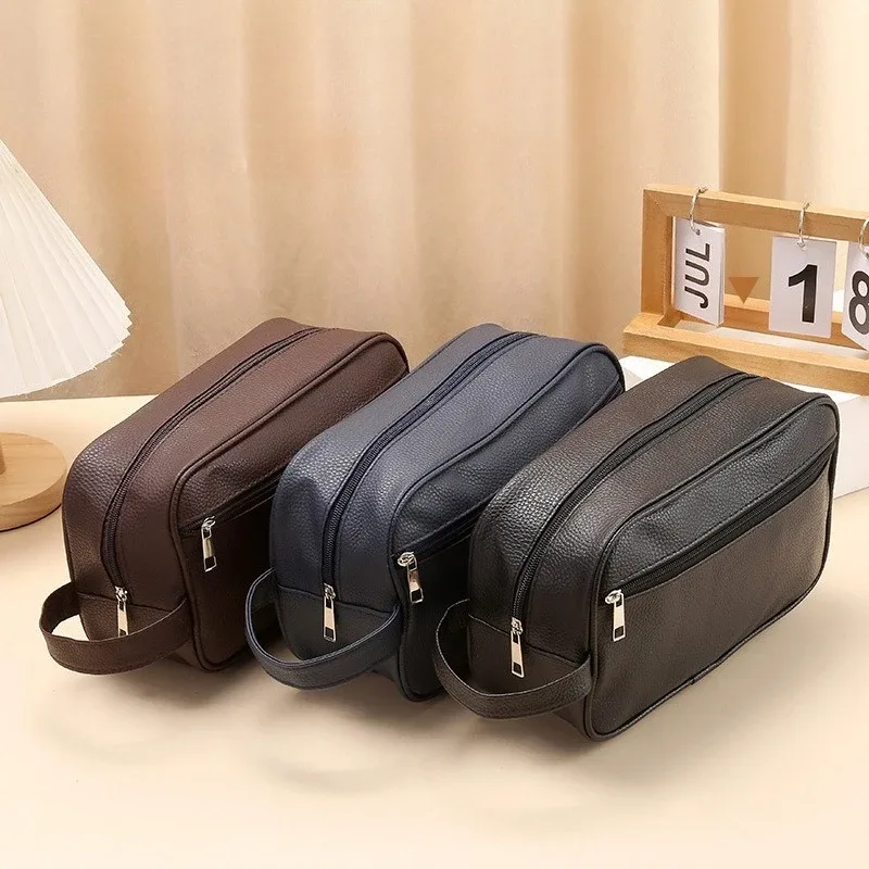 nouvelle trousse de toilette simple en pu imperméable, sac de rangement unisexe de grande capacité, sac portable pour voyage, trousse à cosmétiques, trousse à maquillage à main