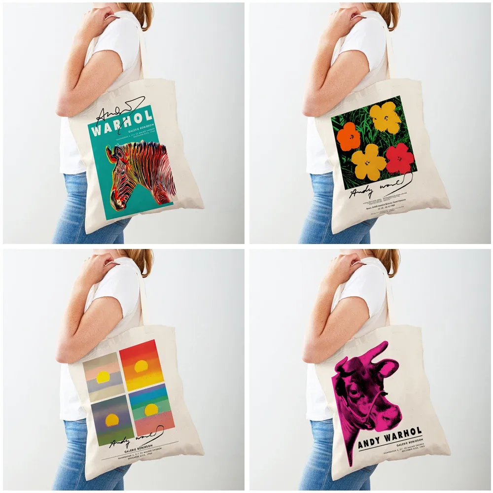 les deux côtés andy warhol vache banane coucher de soleil fleur pop femmes shopper sacs fourre-tout sac à main mode décontracté rétro dame sac à provisions