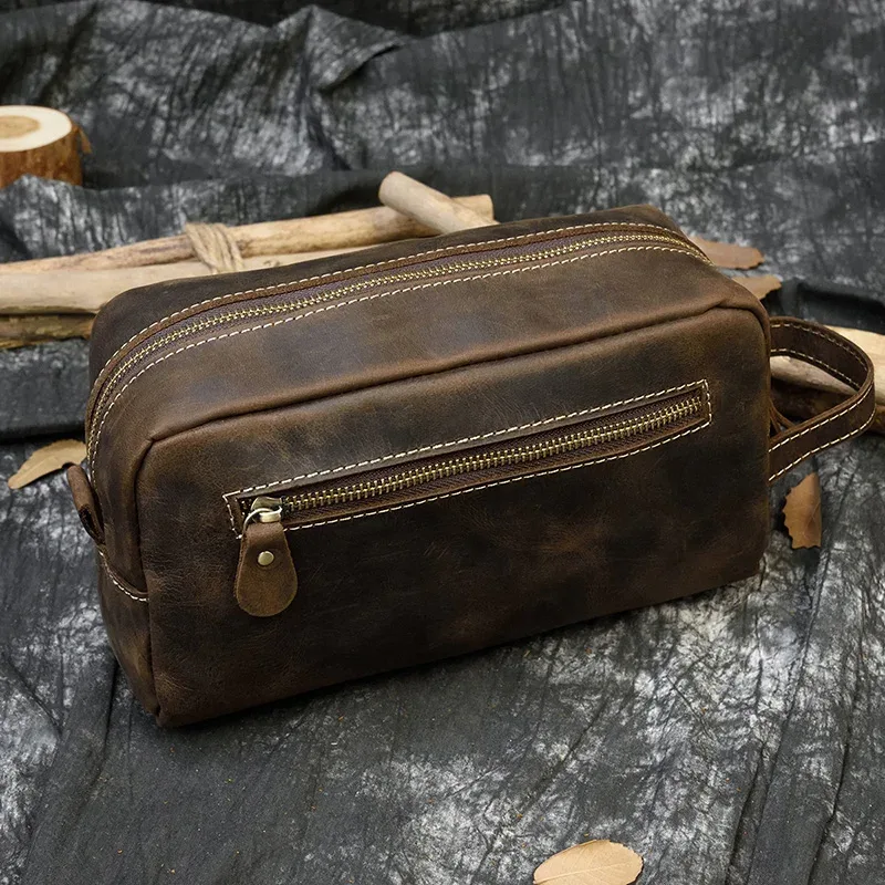 petit sac de voyage de bonne qualité, portefeuille de voyage en cuir crazy horse, sac de rangement, sac de maquillage de lavage pour trousse de toilette de voyage