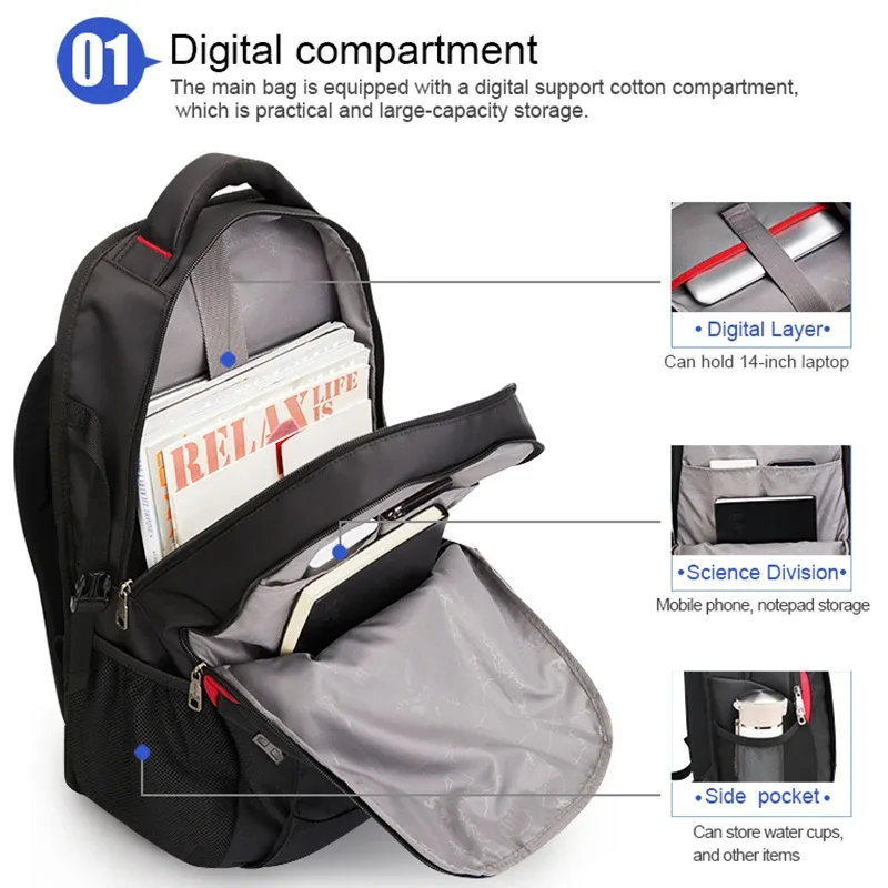 oiwas-sacs d'école en nylon imperméables pour adolescents, sacs à dos pour ordinateur portable de 14 pouces, sac à dos décontracté lancé, sac à dos de voyage pour hommes, 29l