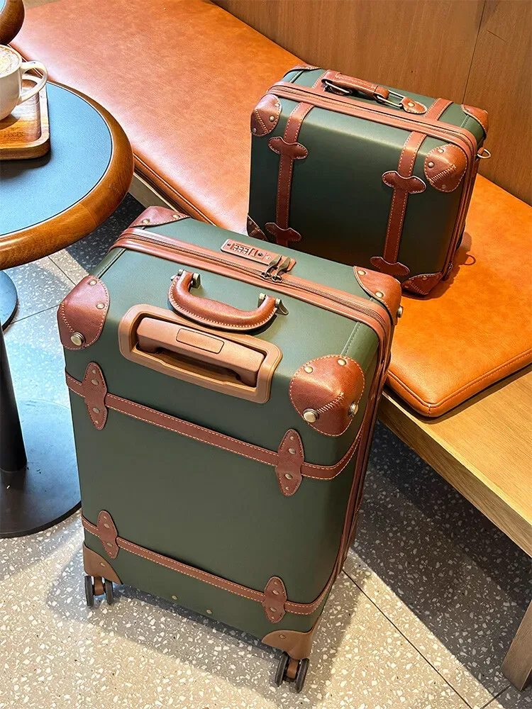 valise vintage en cuir pu pour femmes, design rétro, 20 pouces, bagage à main 24/28 pouces, coffre à bagages à carreaux, roues spinner, serrure tsa durable