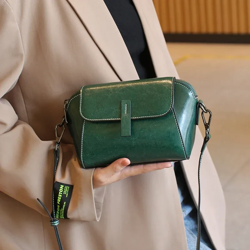 petit sac à bandoulière en cuir véritable de vache ciré à l'huile pour femme, sac à coque polyvalent à la mode, sac décontracté pour téléphone portable
