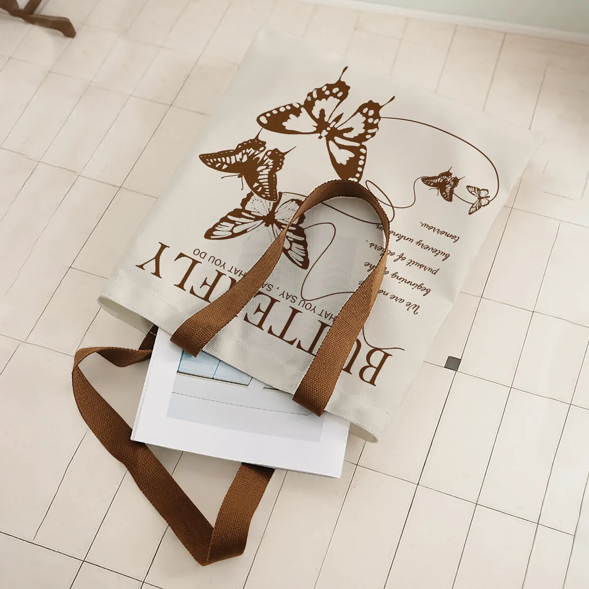 sac fourre-tout vintage marron avec imprimé papillon et citation, grande capacité, sac à bandoulière pour le shopping, les voyages et l'usage quotidien
