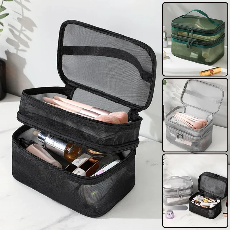 sac à maquillage en maille double couche, sac de rangement multifonctionnel en maille, sac de rangement de voyage pour maquillage