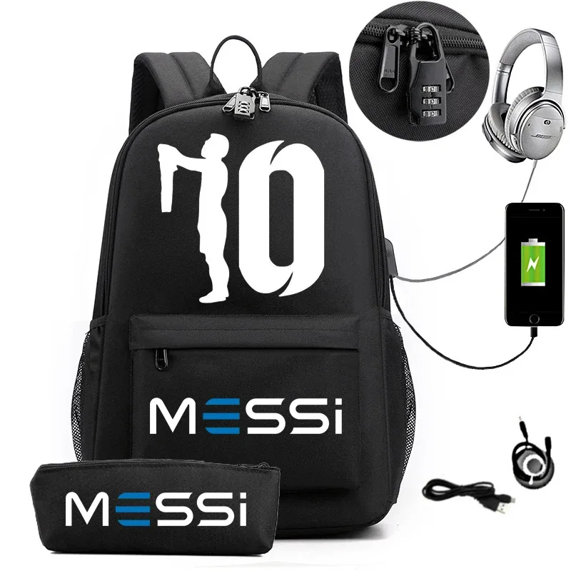 Messi-Sac à dos étanche avec chargeur USB, sac à dos de voyage décontracté, grande capacité, sacs d'école pour ordinateur portable, hommes et femmes