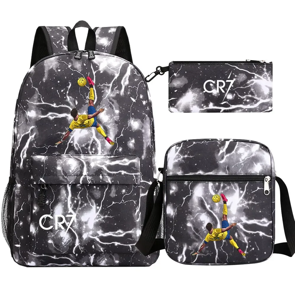 football star cr7 3 pièces garçon fille retour à l'école livre sacs, étudiant sac à bandoulière porte-crayon sac à dos, adolescents mochila hommes femmes