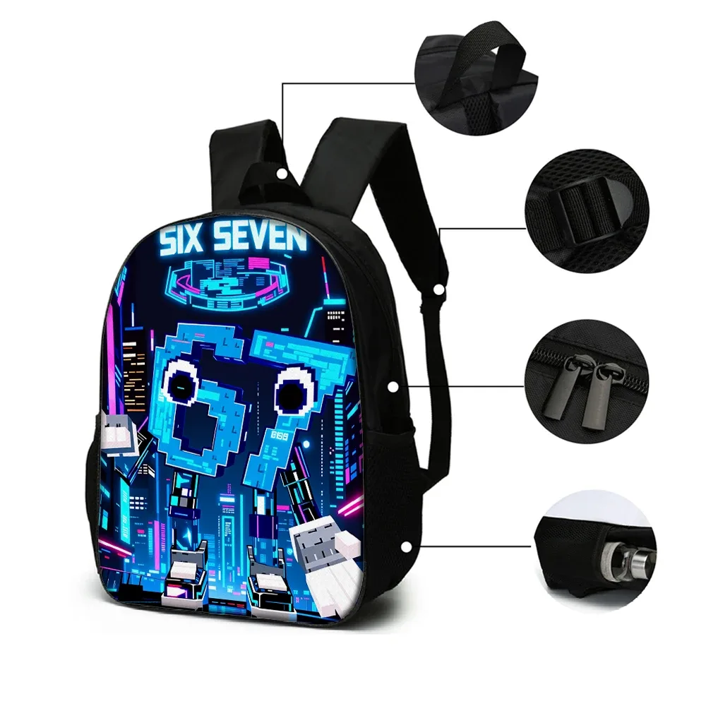 sac dos nylon dessin animé six seven poignées noires forme rectangulaire bandoulière arquée intérieur informatique grande capacité voyage école