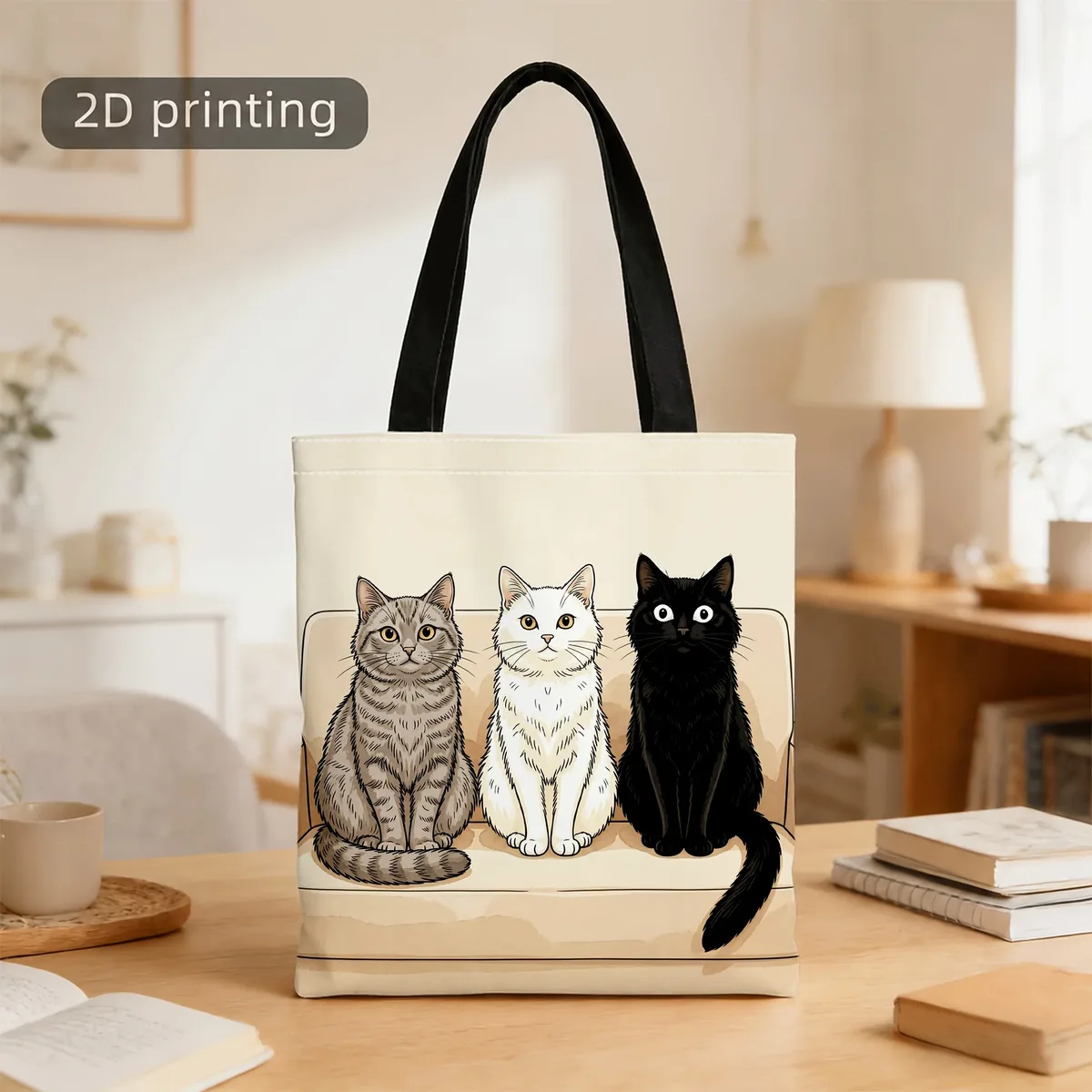 sac fourre-tout esthétique pour amoureux des chats, motif de trois chats sur un canapé, motif de dessin animé, sac à main en toile réutilisable de grande capacité pour femmes