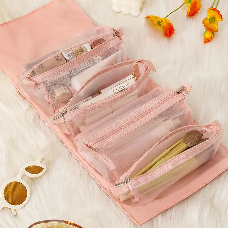 nouveau sac de maquillage pour femmes 4 en 1, sacs de rangement pliables et détachables en maille de nylon, sac de toilette cosmétique de voyage portable de grande capacité