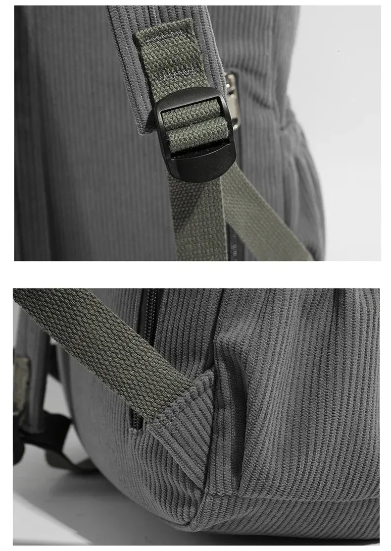sac dos velours cotelé gris compartiment intérieur bandoulière arquée fermeture éclair usage etudiant femmes