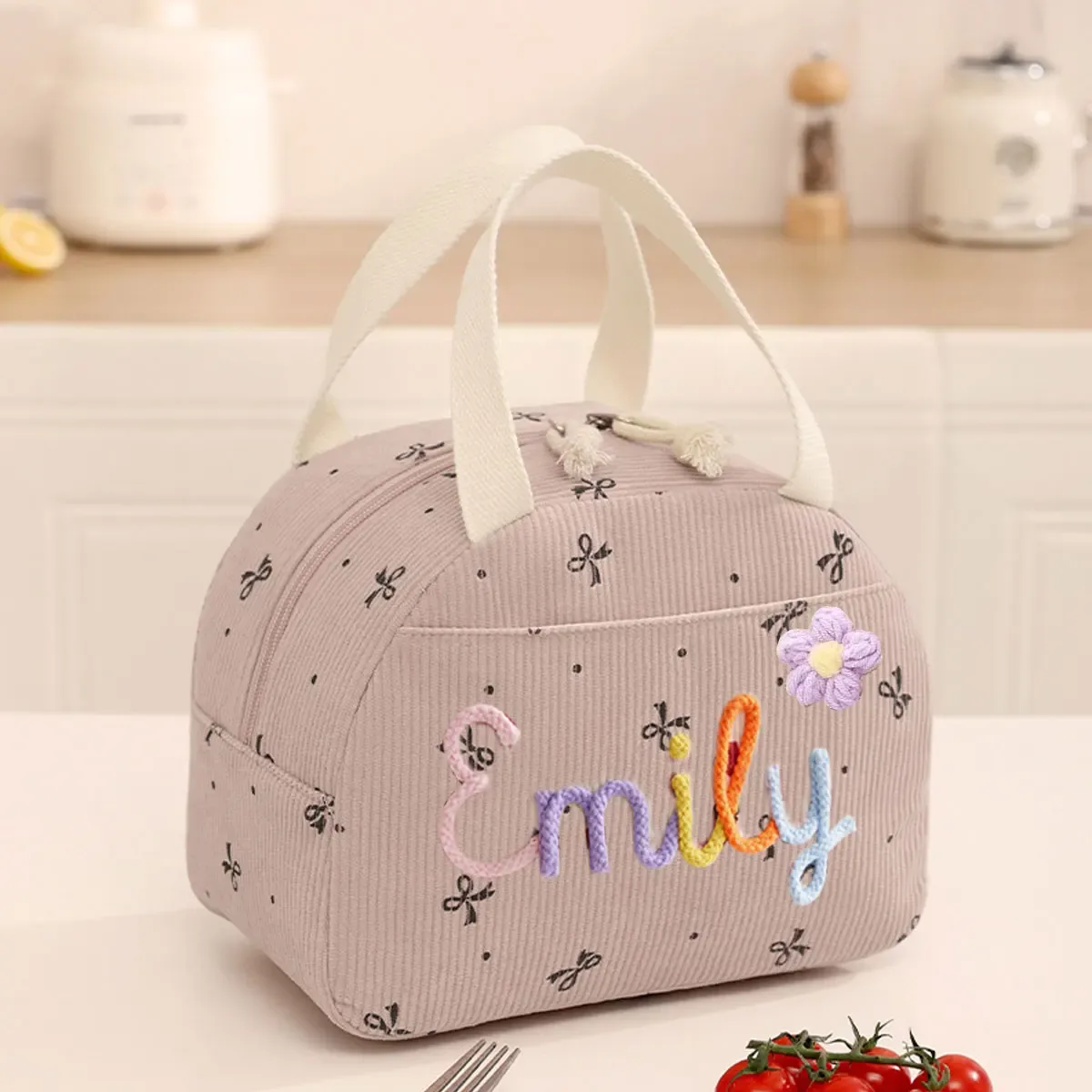 sac fourre-tout personnalisé avec initiales – sac à déjeuner isotherme en velours côtelé grande capacité personnalisé ; cadeau de rentrée scolaire, sac de vacances et de fête