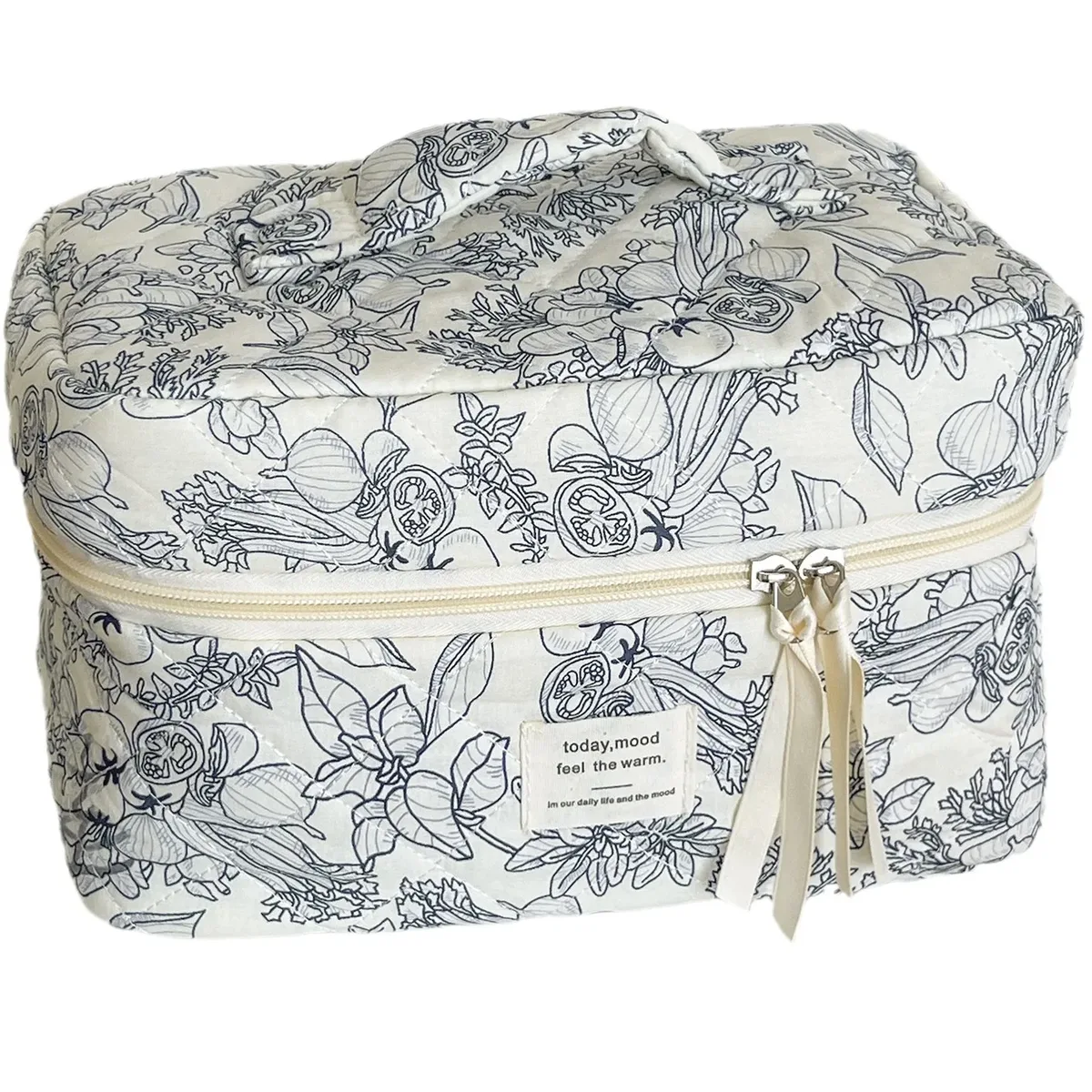 evaluflower-trousse de maquillage en coton matelassé avec fermeture éclair pour femme, sac à main pour femme, trousse de toilette portable, sac à main pour fille, voyage