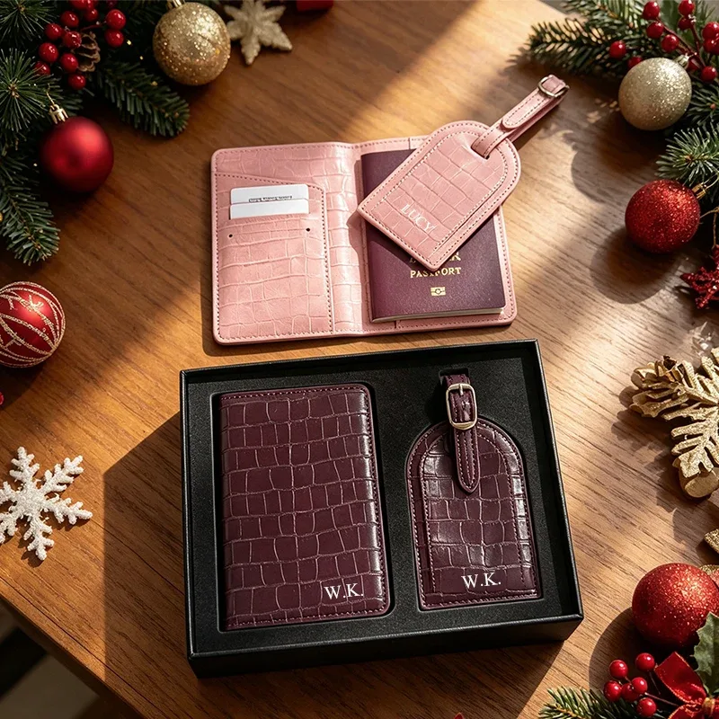 porte-passeport en cuir pu à motif crocodile avec gravure de nom, étiquette de bagage avec boîte cadeau, lettres diy de luxe, housse de passeport de voyage