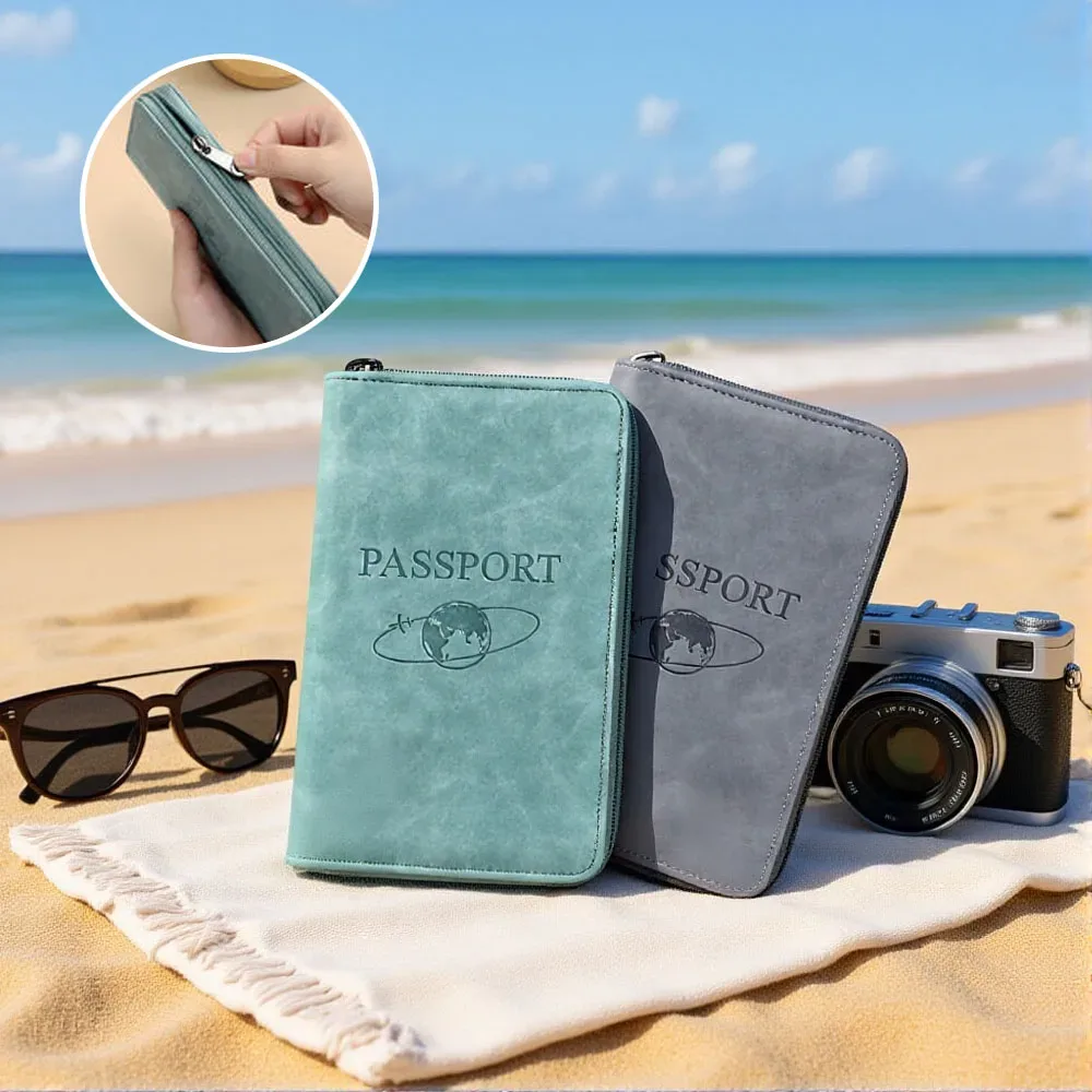 Porte-passeport bloquant RFID, portefeuille en cuir Pu, couverture de passeport, Portable, multifonction, fermeture éclair, pince à billets, accessoire de voyage