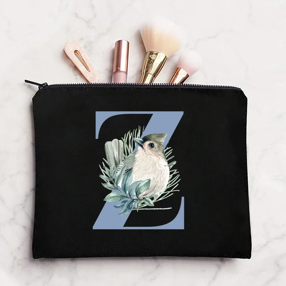 sac à cosmétiques en tissu pour femmes, pochette de maquillage, sac de voyage, rouge à lèvres, étuis de rangement, pochette à fermeture éclair, porte-monnaie de téléphone, initiales bleues imprimées