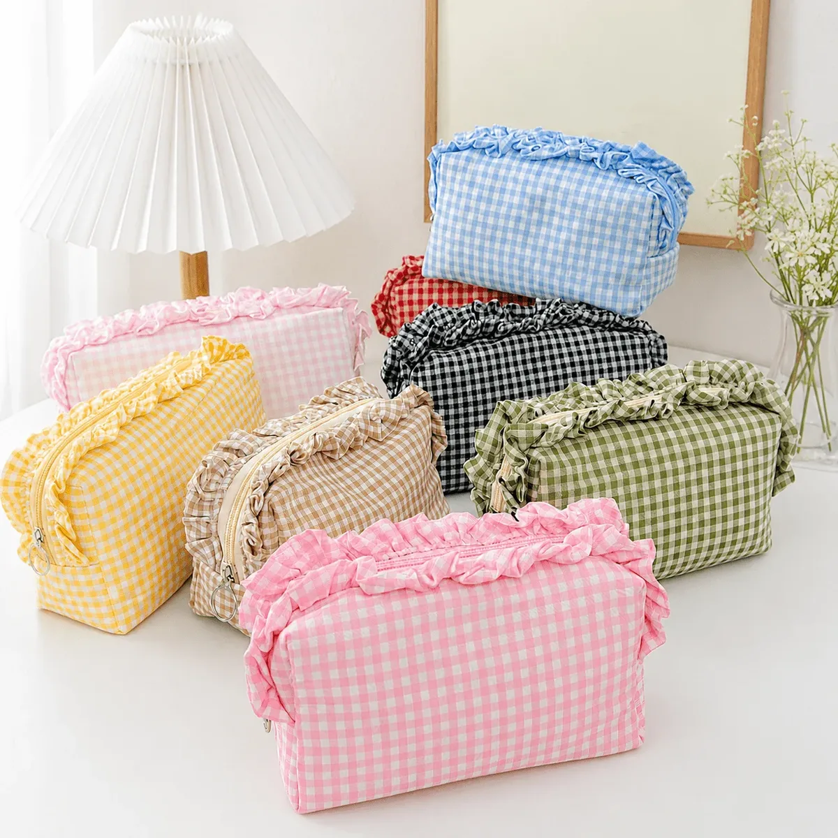 pochette de maquillage style ins à bordure feuille de lotus, trousse de toilette portable délicate, cadeaux exquis pour les occasions nuptiales et l'utilisation quotidienne en voyage