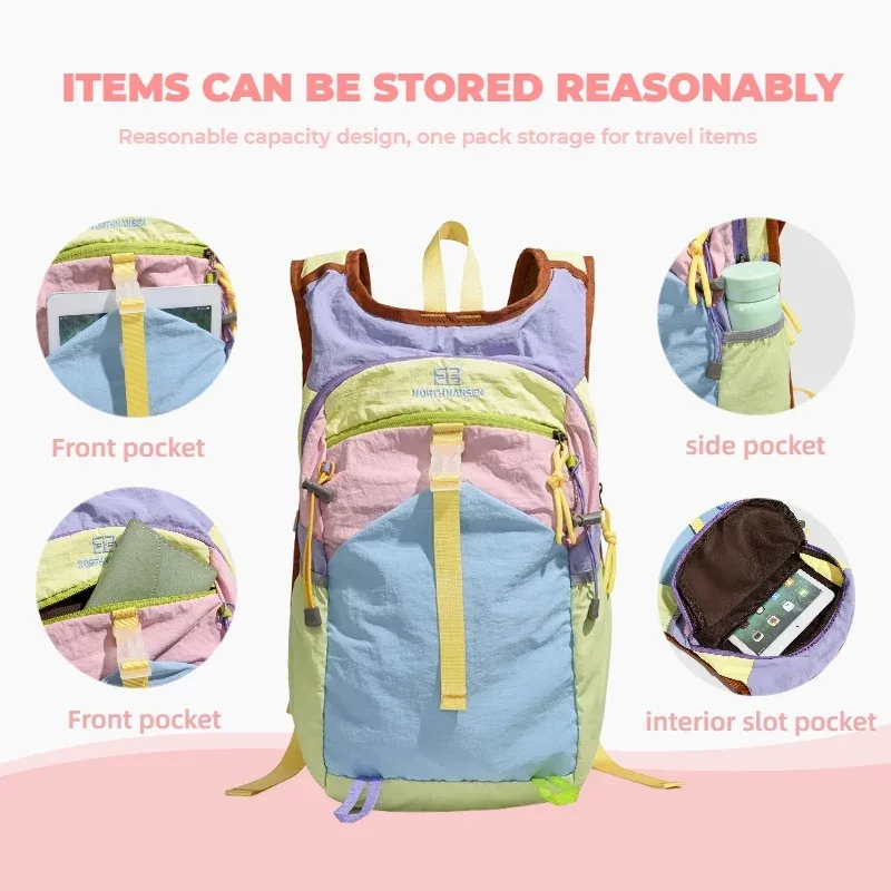 sac à dos color block pour homme et femme, sac de randonnée et de voyage en plein air, sac de sport léger en nylon avec sangle de poitrine et poche pour bouteille d'eau