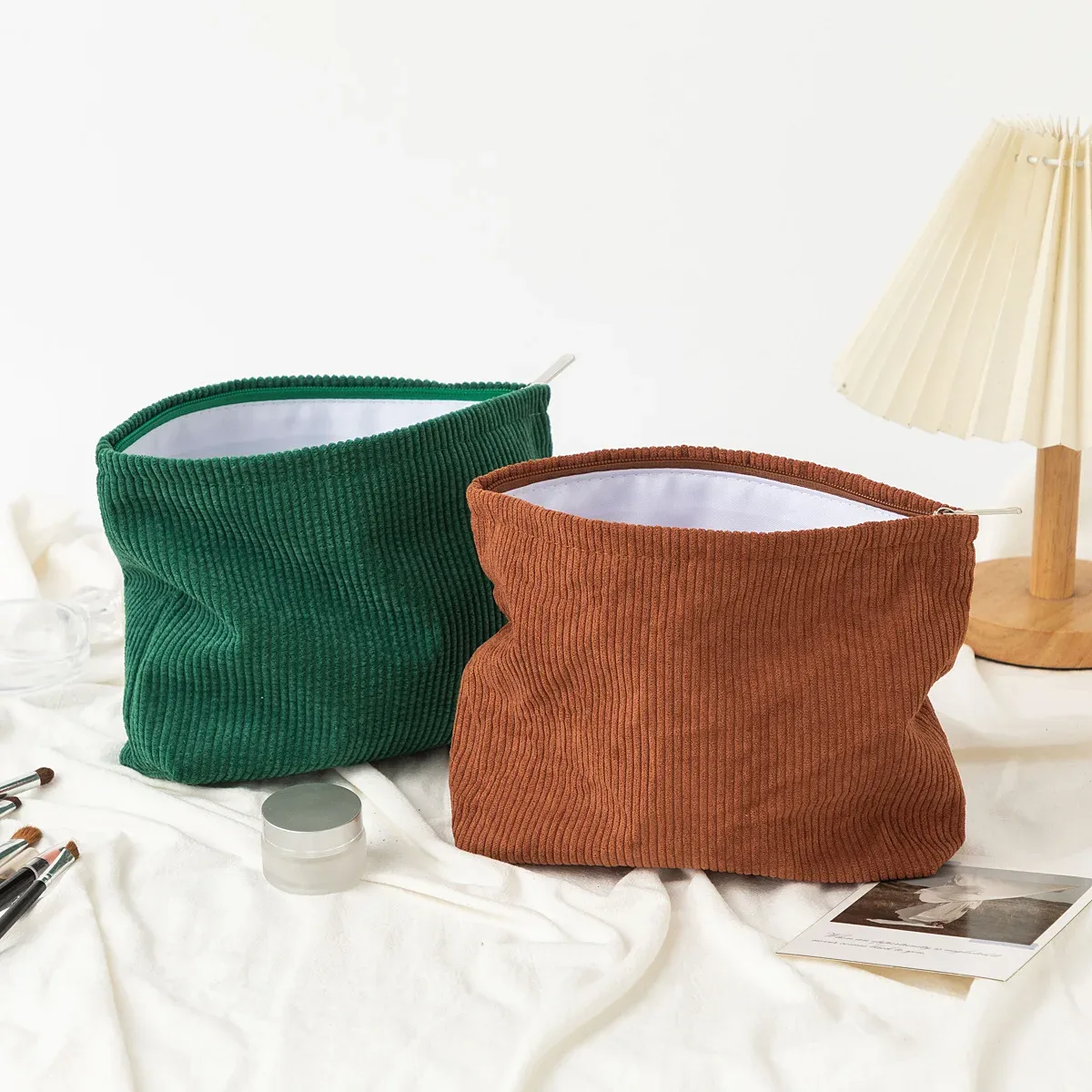 sac à cosmétiques en velours côtelé pour femmes, organisateur de maquillage coréen de couleur unie, pochette de toilette de voyage, trousse de beauté