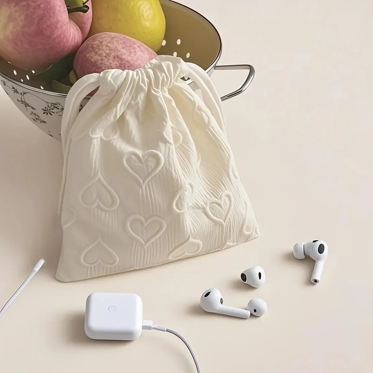 sac de rangement à cordon imprimé cœur mignon, 1 pièce, organisateur de voyage portable pour chargeurs, écouteurs et câbles de données, sac de rangement mignon