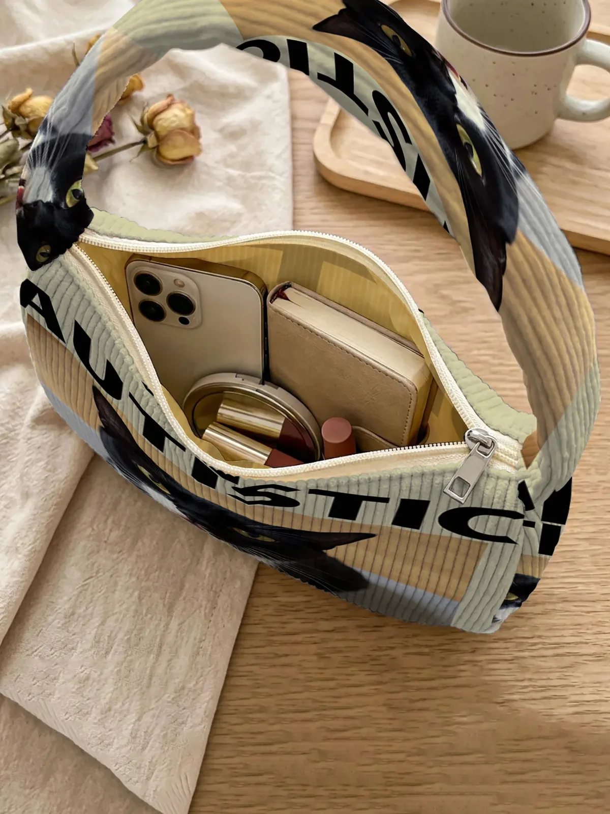 sac à bandoulière tendance imprimé chat en smoking, sac sous le bras en velours côtelé pour un usage quotidien décontracté