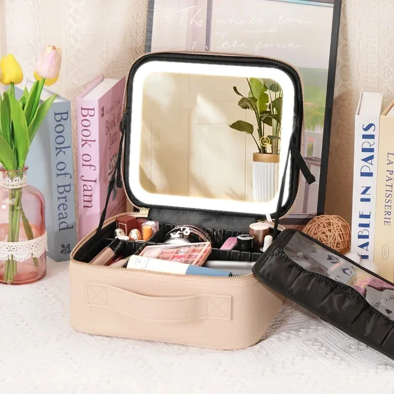 trousse de maquillage grande capacité avec miroir et lumière led, sac de retouche portable professionnel, style ins, couleur unie, autres matériaux