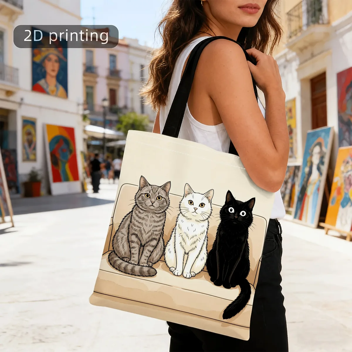 sac fourre-tout esthétique pour amoureux des chats, motif de trois chats sur un canapé, motif de dessin animé, sac à main en toile réutilisable de grande capacité pour femmes