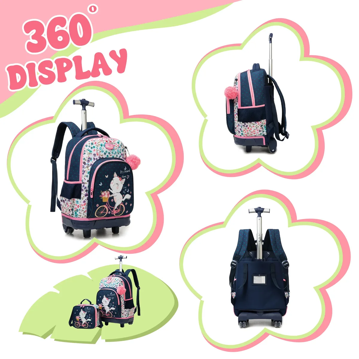 sac dos polyester bleu marine chat rose bicyclette fleurs multicolores grande capacité poche ordinateur portable roues fixes accessoires enfants voyage ecole