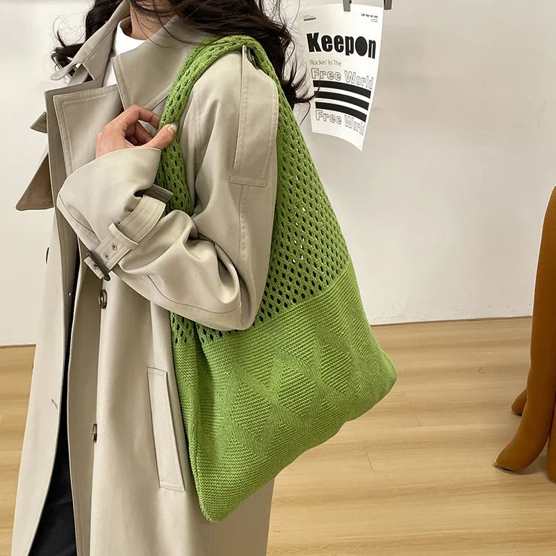 Sac de rangement portable en fil tricoté style rétro, grande capacité, sac à bandoulière décontracté, sac de shopping, sac fourre-tout pratique, sac à main
